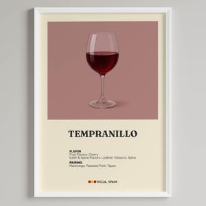 May include: A framed print featuring a wine glass filled with red wine against a mauve background. The text "TEMPRANILLO" is displayed below the image, along with flavor and pairing notes. The print also includes the text "RIOJA, SPAIN".