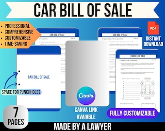 Puede incluir: Una plantilla de contrato de venta de automóvil imprimible de 7 páginas. La plantilla es totalmente personalizable y está hecha por un abogado. La plantilla está disponible para descargar en PDF y se puede editar usando Canva.