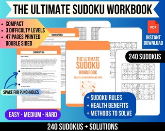 Op de afbeelding: Een kleurrijke omslag voor een Sudoku-werkboek met de titel "The Ultimate Sudoku Workbook". De omslag heeft een feloranje achtergrond met de tekst "240 Sudokus + Solutions" in wit. De omslag bevat ook de tekst "80 Easy, 80 Medium and 80 Hard" in wit. De omslag bevat ook de tekst "+ Sudoku Rules", "+ Health Benefits", en "+ Methods to Solve" in wit.