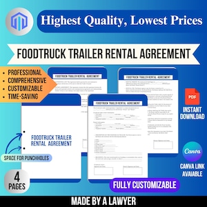 Foodtruck Trailer Rental  Agreement, Rental contract, Customizable template, Professional form, Commercial lease, Rental document,