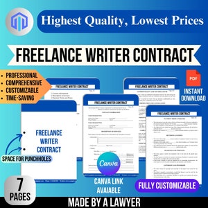 Könnte beinhalten: Ein Bild, das eine Vorlage für einen Freiberufler-Schriftstellervertrag zeigt. Das Design enthält den Text "Freelance Writer Contract" und "Made by a Lawyer". Die Vorlage wird als professionell, umfassend, anpassbar und zeitsparend beworben. Sofortiger Download.