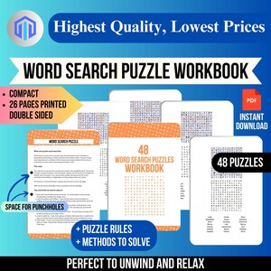 Word Search Puzzle Workbook, Mind games adults, Educational activity, Word search book, Puzzle workbook, Brain teaser game, Printable