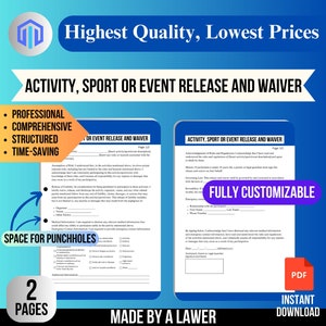 Activity, Sport or Event Release and Waiver Event Waiver, Sports Release, Activity Waiver, Event Consent, Sports Waiver, Event Permission