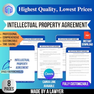 May include: A blue and white digital document template for an intellectual property agreement. The document is customizable and made by a lawyer. The text on the document reads "Intellectual Property Agreement".