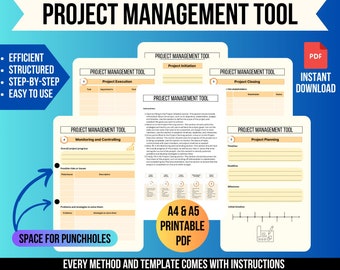 May include: A printable project management tool in PDF format. The tool includes templates for project initiation, execution, monitoring and controlling, planning, and closing. The document is designed for A4 and A5 paper sizes. The text on the image reads "Highest Quality, Lowest Prices", "Project Management Tool", "Efficient, Structured, Step-by-Step, Easy to Use", "PDF, Instant Download", "A4 & A5 Printable PDF", "Every method and template comes with instructions", and "Space for punchholes".