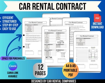 Car Rental Contract Form, Car lease agreement, Auto rent contract, Vehicle hire template, Car seller, Auto lease template, Dealership rental