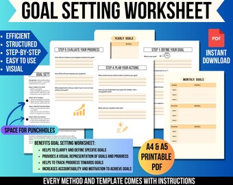 May include: A printable goal setting worksheet with a yellow and orange color scheme. The worksheet includes sections for defining goals, planning actions, evaluating progress, and tracking monthly goals. The text "Highest Quality, Lowest Prices" is at the top of the page. The text "A4 & A5 Printable PDF" is in the lower right corner of the page.