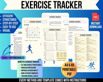 May include: A printable exercise tracker with a blue, white, and black color scheme. The tracker includes sections for setting fitness goals, tracking workouts, and monitoring progress. The text "EXERCISE TRACKER" is in a large, bold font at the top of the page. The text "A4 & A5 PRINTABLE PDF" is in a smaller font at the bottom of the page.