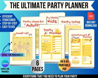 Könnte beinhalten: Ein druckbarer Partyplaner mit sechs Seiten, darunter eine Gästeliste, ein Partyplan, ein Unterhaltungsplaner und Partyideen für Erwachsene und Kinder. Der Planer ist in den Formaten A4 und A5 erhältlich und soll Ihnen bei der Planung Ihrer nächsten Party helfen.