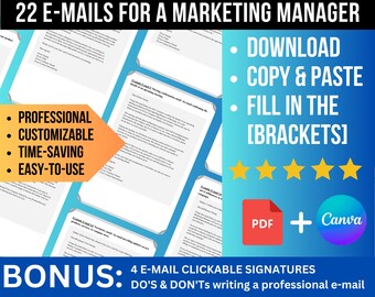 22 Marketing Manager E-mail Templates, Customisable, Professional, corporate style, canva and gmail template including email signature