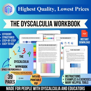 Puede incluir: Un cuaderno de trabajo titulado "The Dyscalculia Workbook" con el texto "Highest Quality, Lowest Prices". La portada presenta los números 1, 2, 3 y 4. Incluye tablas de fracciones, multiplicación y valor posicional. Es un PDF imprimible con 39 páginas.