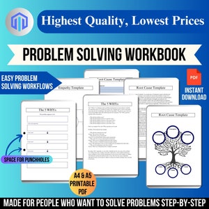 Puede incluir: Un libro de trabajo imprimible en blanco y negro con el título "Problem Solving Workbook" y el texto "Easy Problem Solving Workflows". El libro de trabajo incluye plantillas para el análisis de la causa raíz, la empatía y el método de los 5 porqués. El libro de trabajo está diseñado para personas que desean resolver problemas paso a paso.