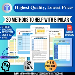 May include: A set of 82 printable pages designed to help manage bipolar disorder. The pages include a social support list, emergency contact list, daily routine planner, symptom tracker, and sleep tracker. The pages are in blue, yellow, and green colors.