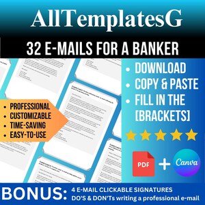 Può includere: Annuncio di un prodotto digitale, 32 e-mail per un banchiere. L'immagine presenta il testo "AllTemplatesG" e "32 E-MAILS FOR A BANKER". Altro testo include "Scarica, Copia e Incolla, Riempi le [parentesi]" e "Professionale, Personalizzabile, Risparmio di tempo, Facile da usare".