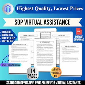 Peut inclure: Un document PDF imprimable de 14 pages avec un schéma de couleurs bleu et blanc. Le document est intitulé "SOP Virtual Assistance" et comprend des sections sur le protocole de communication, le dépannage et l'escalade, les mesures de performance et l'évaluation, la conformité juridique et la maintenance et les mises à niveau. Le document est une procédure opérationnelle standard pour les assistants virtuels.