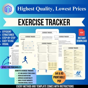 Puede incluir: Un rastreador de ejercicios imprimible con un esquema de color azul, blanco y negro. El rastreador incluye secciones para establecer objetivos de acondicionamiento físico, realizar un seguimiento de los entrenamientos y controlar el progreso. El texto "EXERCISE TRACKER" está en una fuente grande y en negrita en la parte superior de la página. El texto "A4 & A5 PRINTABLE PDF" está en una fuente más pequeña en la parte inferior de la página.