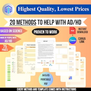 Puede incluir: Una lista de productos digitales con 20 métodos para ayudar con el TDAH, basados en la ciencia y probados para funcionar. La lista incluye 75 páginas de documentos PDF imprimibles, un enlace de Canva y descarga instantánea. La imagen muestra una página de muestra con una plantilla de mapa mental.