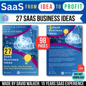 Könnte beinhalten: Ein farbenfrohes Cover für ein E-Book mit dem Titel "27 SaaS-Geschäftsmodelle: Aufbauen, Skalieren und Erfolg mit realen Unternehmen." Das Cover zeigt eine Wolke mit einer Glühbirne darin, und der Text "98 Seiten" ist in einem roten Quadrat dargestellt. Das Buch ist von David Walker und ist urheberrechtlich geschützt 2024.