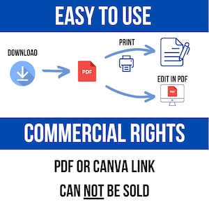 May include: A blue and white graphic showing the steps to download, print, and edit a PDF file. The text "EASY TO USE" is at the top of the graphic. The text "COMMERCIAL RIGHTS" is in the middle of the graphic. The text "PDF OR CANVA LINK" is below the text "COMMERCIAL RIGHTS". The text "CAN NOT BE SOLD" is below the text "PDF OR CANVA LINK".