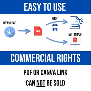 K&ouml;nnte beinhalten: Eine blaue und wei&szlig;e Grafik, die die Schritte zum Herunterladen, Drucken und Bearbeiten einer PDF-Datei zeigt. Der Text "EASY TO USE" befindet sich oben auf der Grafik. Der Text "COMMERCIAL RIGHTS" befindet sich in der Mitte der Grafik. Der Text "PDF OR CANVA LINK" befindet sich unter dem Text "COMMERCIAL RIGHTS". Der Text "CAN NOT BE SOLD" befindet sich unter dem Text "PDF OR CANVA LINK".