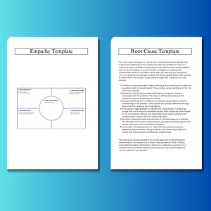 May include: Two white templates for problem solving. The left template is titled "Empathy Template" and is divided into four sections with the following headings: "What do they SAY", "What do they DO", "Who is your HUMAN", "What do they THINK". The right template is titled "Root Cause Template" and includes a description of the root cause template and its six steps: "Problem or issue statement", "Symptoms", "Causes", "Root causes", "Solutions", and "Action plan".