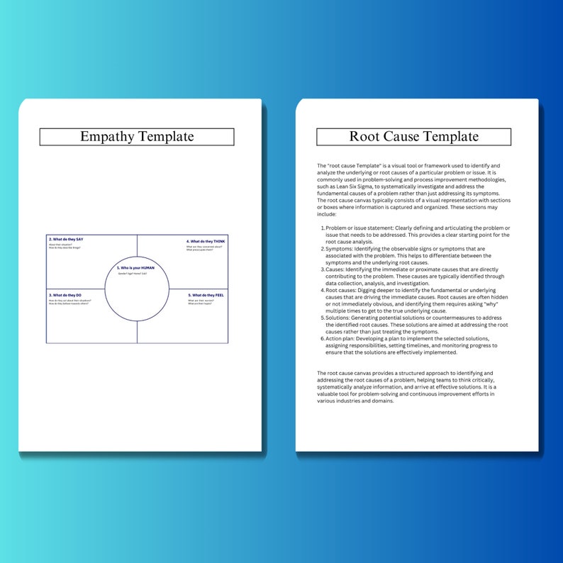 May include: Two white templates for problem solving. The left template is titled "Empathy Template" and is divided into four sections with the following headings: "What do they SAY", "What do they DO", "Who is your HUMAN", "What do they THINK". The right template is titled "Root Cause Template" and includes a description of the root cause template and its six steps: "Problem or issue statement", "Symptoms", "Causes", "Root causes", "Solutions", and "Action plan".