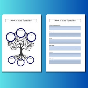 May include: A black and white tree diagram with the words "Root Cause Template" at the top. The tree has three branches labeled "Cause" and three branches labeled "Consequence". On the right side of the image is a list of headings: "Problem or issue statement", "Symptoms", "Causes", "Root causes", "Solutions", and "Action plan".