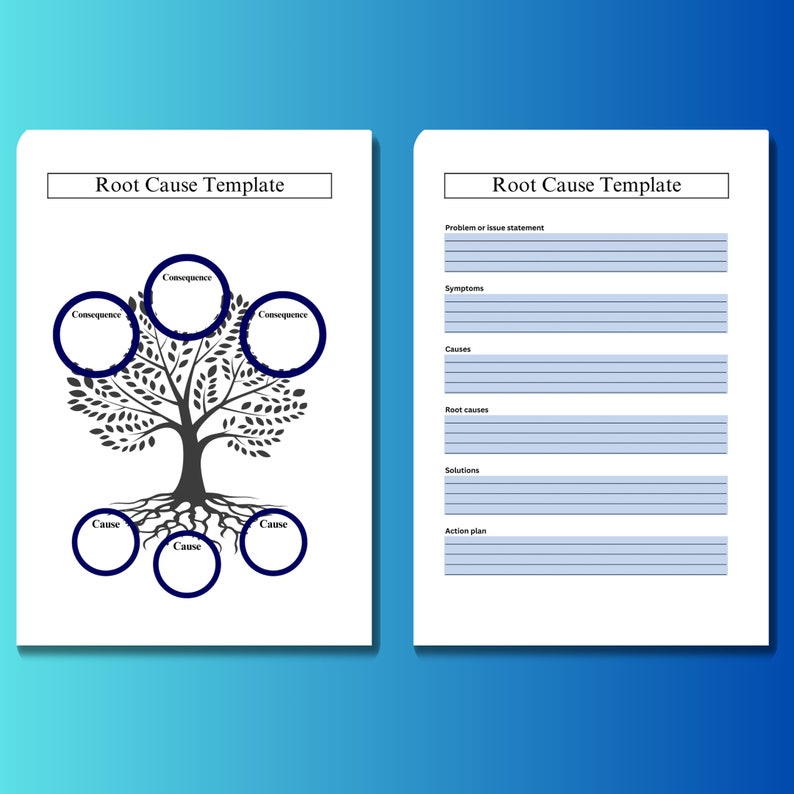 May include: A black and white tree diagram with the words "Root Cause Template" at the top. The tree has three branches labeled "Cause" and three branches labeled "Consequence". On the right side of the image is a list of headings: "Problem or issue statement", "Symptoms", "Causes", "Root causes", "Solutions", and "Action plan".