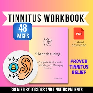 Pode incluir: Uma capa de download digital rosa e amarela para um caderno de exercícios de 48 páginas intitulado "Silent the Ring: Um caderno de exercícios completo para entender e gerenciar o zumbido". A capa apresenta uma orelha de desenho animado com uma onda sonora que toca e um sino. O texto "Alívio do zumbido comprovado" está em letras grandes e em negrito. O texto "Criado por médicos e pacientes com zumbido" está na parte inferior da capa.