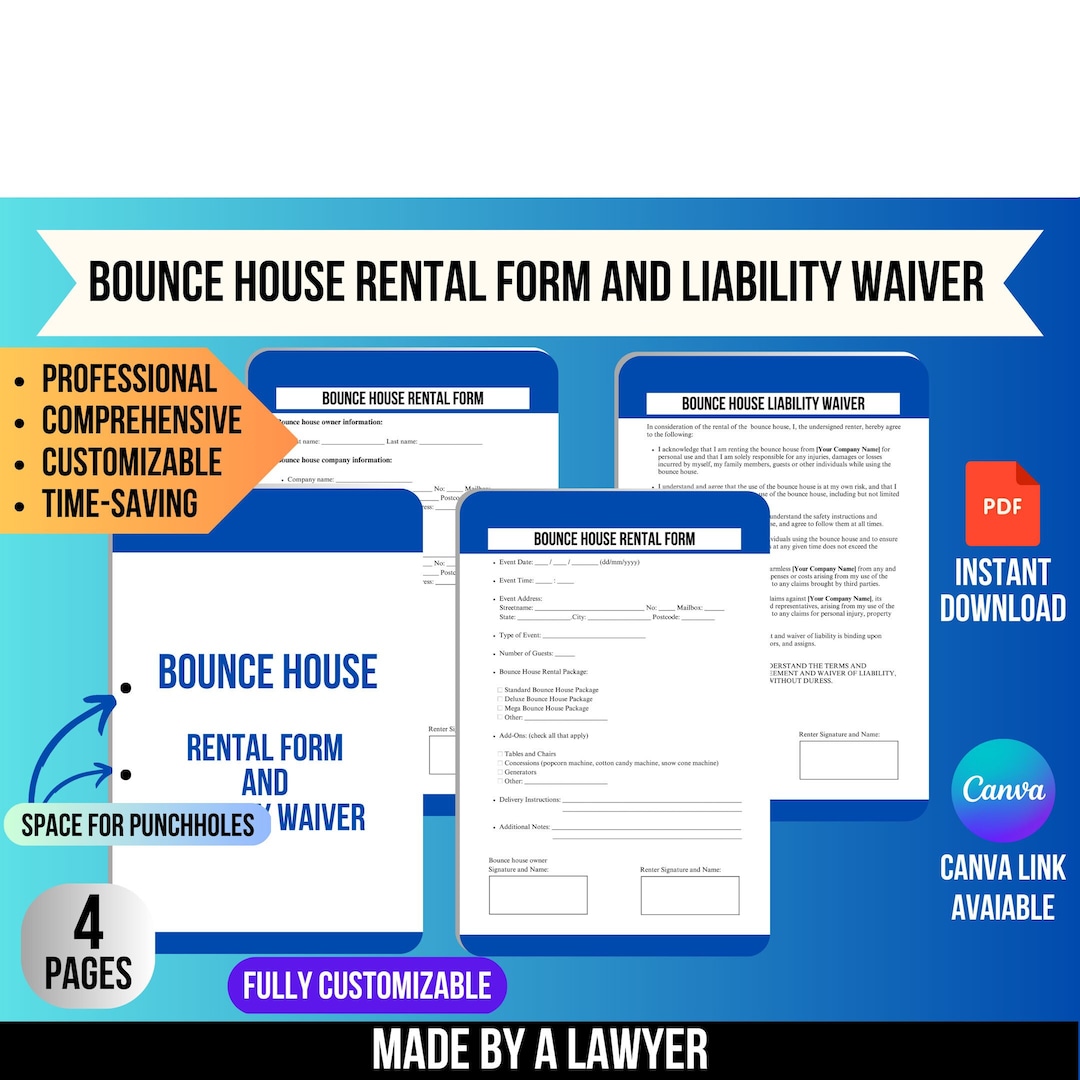 Bounce House Rental Form and Liability Waiver, Bounce House Form, Rental Agreement, Event