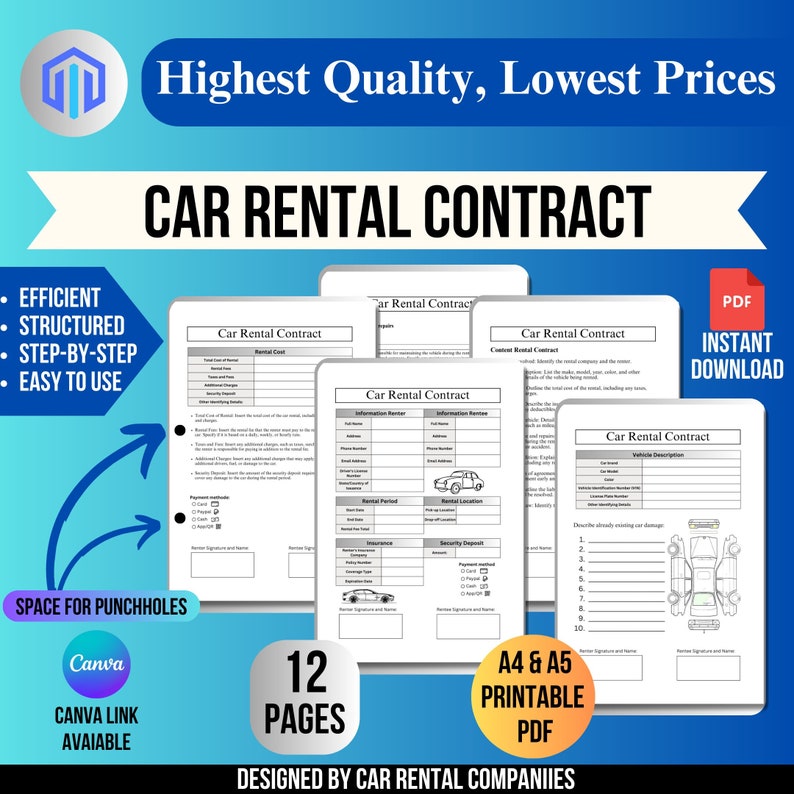Car Rental Contract Form, Car Lease Agreement, Auto Rent Contract ...