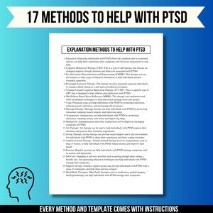 May include: A blue and white infographic with the title "17 Methods to Help with PTSD" and a list of methods to help with post-traumatic stress disorder.
