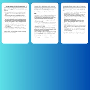K&ouml;nnte beinhalten: Drei Seiten Text mit blauem Hintergrund und wei&szlig;em Text. Der Text auf der ersten Seite lautet "Sicherstellung des Datenschutzes und der Datensicherheit von Kunden". Der Text auf der zweiten Seite lautet "Verwaltung eines hohen Volumens an Kundenanfragen und -anforderungen". Der Text auf der dritten Seite lautet "Pflege einer kundenorientierten Kultur in der Organisation".