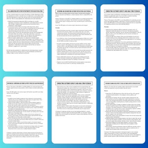 K&ouml;nnte beinhalten: Ein Dokument mit sechs Abschnitten, jeder mit einem Titel und Text, der die besten Praktiken f&uuml;r den Kundensupport beschreibt. Die Titel lauten: Zusammenarbeit mit anderen Abteilungen zur Probleml&ouml;sung, Aufzeichnung und Dokumentation von Kundeninteraktionen und Feedback, Durchf&uuml;hrung von Kundenumfragen und Analyse von Feedback, Kontinuierliche Verbesserung von Kundensupportprozessen und -verfahren, Durchf&uuml;hrung von Kundenumfragen und Analyse von Feedback sowie Bereitstellung von Schulungen und Unterst&uuml;tzung f&uuml;r neue Kundensupportmitarbeiter.