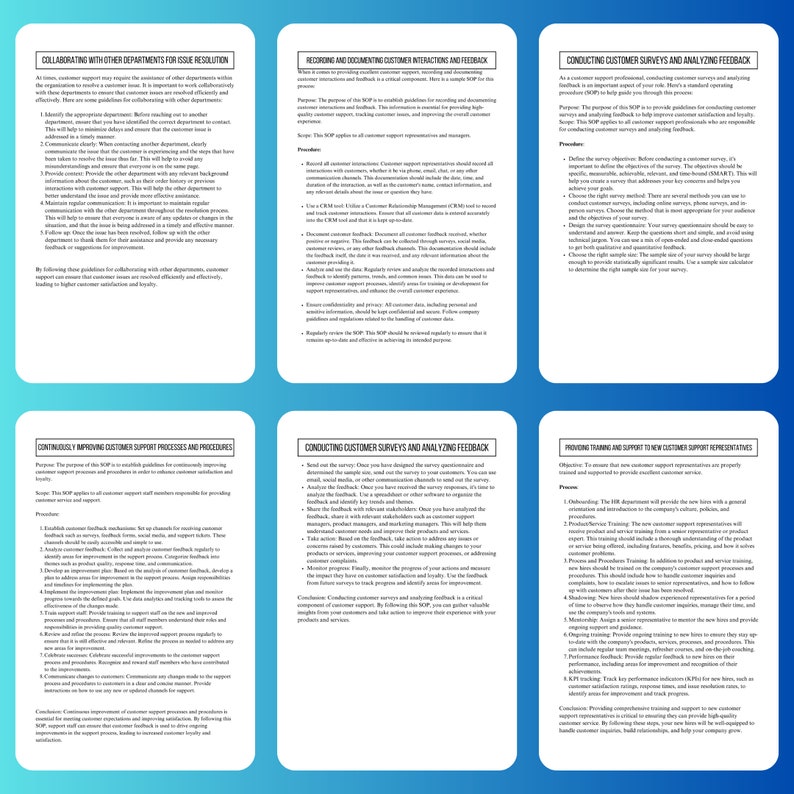 K&ouml;nnte beinhalten: Ein Dokument mit sechs Abschnitten, jeder mit einem Titel und Text, der die besten Praktiken f&uuml;r den Kundensupport beschreibt. Die Titel lauten: Zusammenarbeit mit anderen Abteilungen zur Probleml&ouml;sung, Aufzeichnung und Dokumentation von Kundeninteraktionen und Feedback, Durchf&uuml;hrung von Kundenumfragen und Analyse von Feedback, Kontinuierliche Verbesserung von Kundensupportprozessen und -verfahren, Durchf&uuml;hrung von Kundenumfragen und Analyse von Feedback sowie Bereitstellung von Schulungen und Unterst&uuml;tzung f&uuml;r neue Kundensupportmitarbeiter.