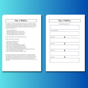 May include: A black and white worksheet with the title "The 5 Whys" and a diagram showing a process for identifying the root cause of a problem by asking "Why?" five times. The worksheet includes a section for describing the problem and a section for listing the five "Why?" questions.