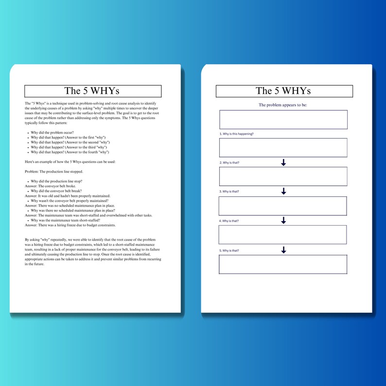 May include: A black and white worksheet with the title "The 5 Whys" and a diagram showing a process for identifying the root cause of a problem by asking "Why?" five times. The worksheet includes a section for describing the problem and a section for listing the five "Why?" questions.