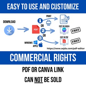 May include: A flowchart showing how to download, edit, and print a PDF or Canva link. The flowchart shows that the file can be edited in Canva or a PDF editor. The text on the flowchart says "EASY TO USE AND CUSTOMIZE", "DOWNLOAD", "PRINT", "PDF", "OR", "EDIT IN CANVA", "Canva", "FREE", "EDIT IN PDF", "PDF", "FREE", "WINDOWS", "APPLE", "https://www.sejda.com/pdf-editor", "COMMERCIAL RIGHTS", "PDF OR CANVA LINK", "CAN NOT BE SOLD".