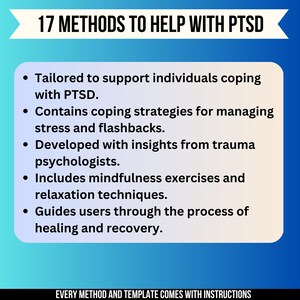 May include: A blue and white graphic with the text "17 METHODS TO HELP WITH PTSD". The graphic lists several methods to help with PTSD, including coping strategies, mindfulness exercises, and relaxation techniques.