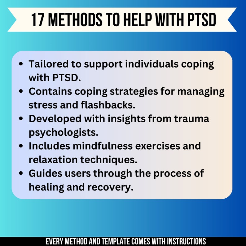 May include: A blue and white graphic with the text "17 METHODS TO HELP WITH PTSD". The graphic lists several methods to help with PTSD, including coping strategies, mindfulness exercises, and relaxation techniques.