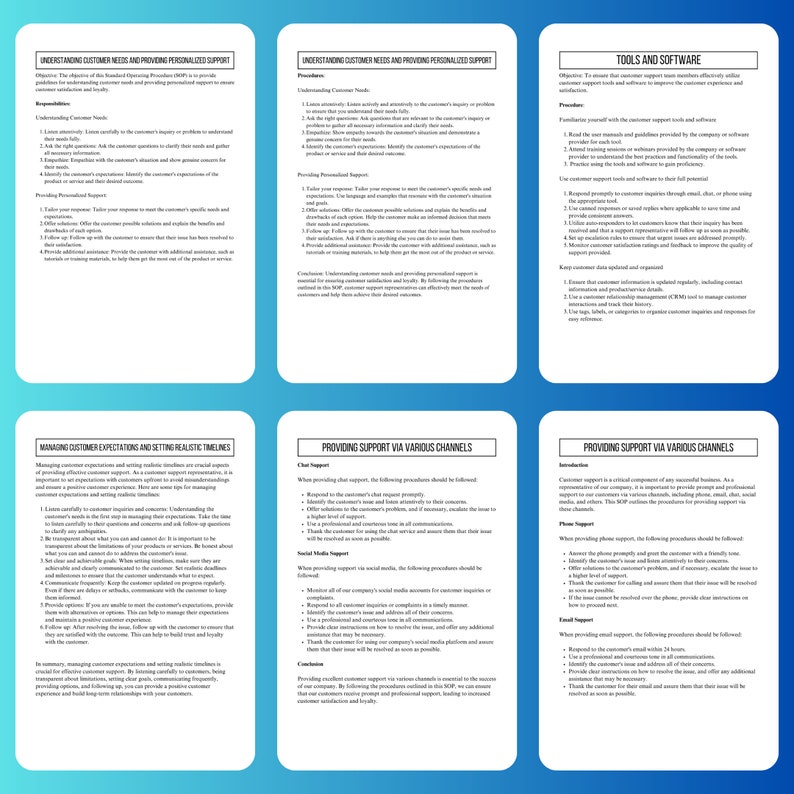 K&ouml;nnte beinhalten: Ein Dokument mit sechs Abschnitten, die Verfahren zur  Erfassung der Kundenbed&uuml;rfnisse, zur Bereitstellung personalisierter Unterst&uuml;tzung, zur Verwaltung von Kundenerwartungen, zur Festlegung realistischer Zeitpl&auml;ne und zur Bereitstellung von Unterst&uuml;tzung &uuml;ber verschiedene Kan&auml;le beschreiben, darunter Chat, soziale Medien, Telefon und E-Mail.