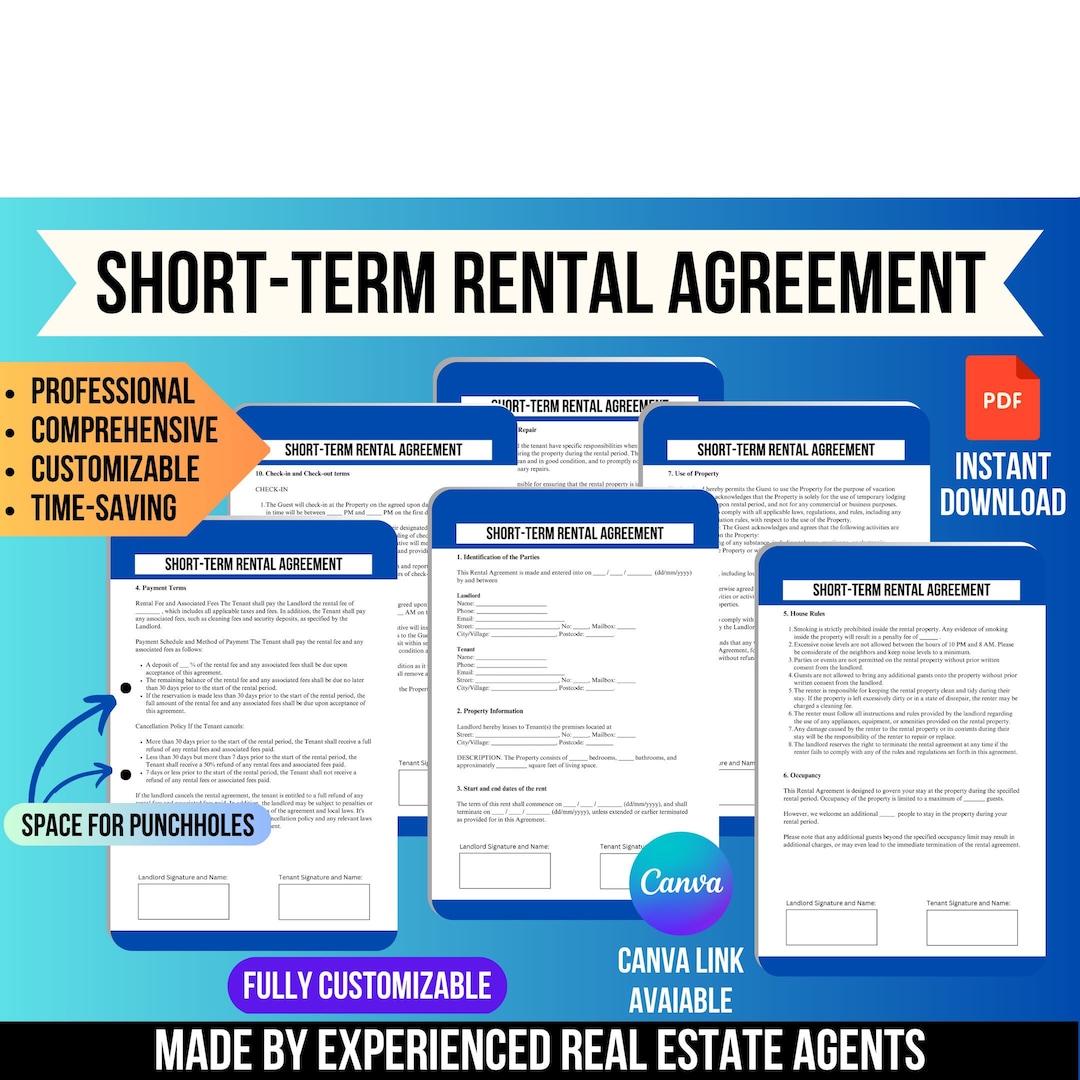 Shortterm Rental Agreement, Vacation Rental Contract, Rental Template, Property Agreement
