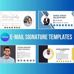 May include: Four email signature templates with different professions and contact information. The templates feature a headshot of each person, their name, job title, phone number, email address, website address, and social media icons. The templates are designed in a modern and professional style.