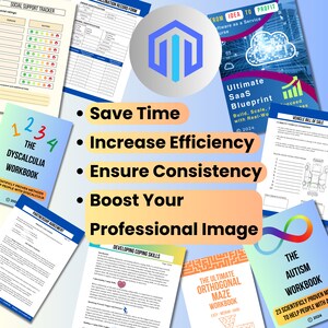 May include: A collage of images featuring various workbooks and guides. The workbooks cover topics such as dyscalculia, autism, coping skills, and orthogonal mazes. The image also includes a blue and white logo with the letter "M" and a text overlay that reads "Save Time, Increase Efficiency, Ensure Consistency, Boost Your Professional Image".