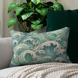 Ocean Waves Lumbar Pillow: Coastal Nautical Cushion (20"x14")