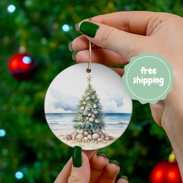 Beachy Christmas Tree Ornament, Ceramic Ocean Ornament for Beach Lovers, Coastal Christmas, Holiday Decoration, Coastal Holiday