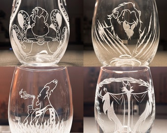 4pc Disney Villains Hand-Engraved Stemless Wine Glass Set