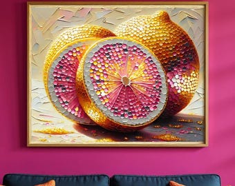 May include: A framed artwork depicting a still life of sliced citrus fruit. The painting features a gold and pink color palette, with a textured, impasto style. The artwork is displayed above a blue sofa with orange pillows.