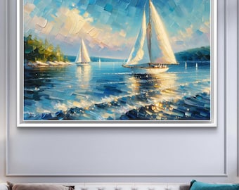 Sailboat Painting Print for Nautical Beach House Decor, Wall Art Boats, Coastal Apartment Decoration, Abstract Ocean, Canvas Wall Art