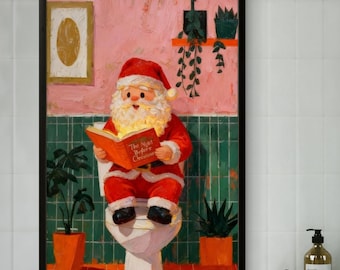 Divertido póster de Papá Noel para el baño / Decoración navideña para el baño / Póster de Papá Noel leyendo / Arte navideño original para la pared / Regalo de Navidad divertido